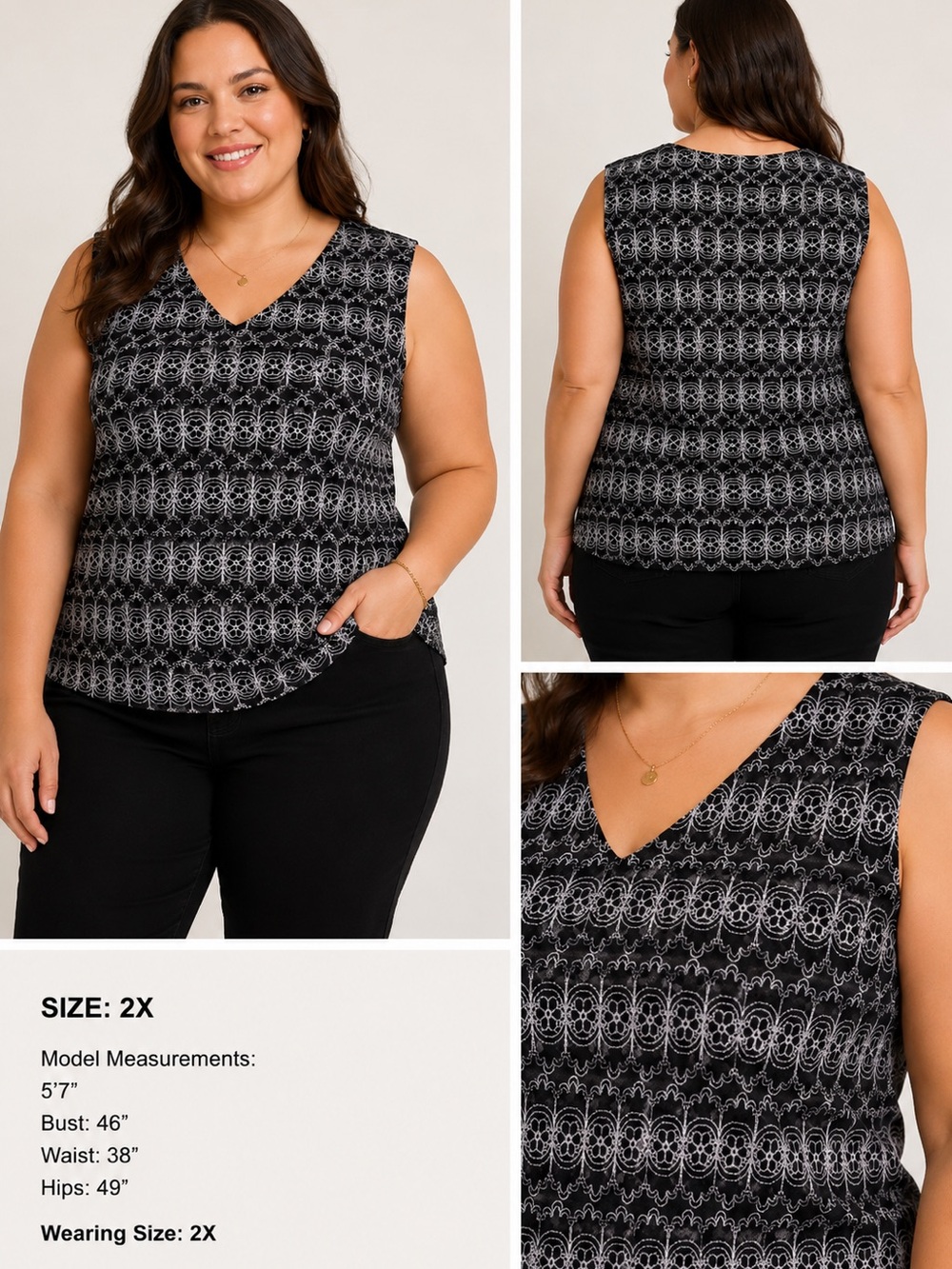 DressBarn Black & White Lace Print Sleeveless Top 2X NWT